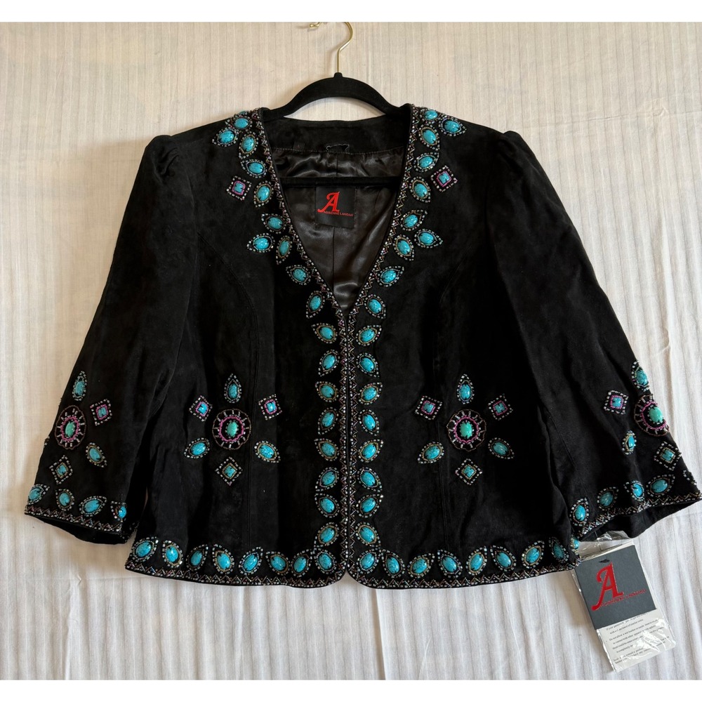 NWT Adrienne Landau Black Suede Leather Beaded Turquoise Western Jacket Women L